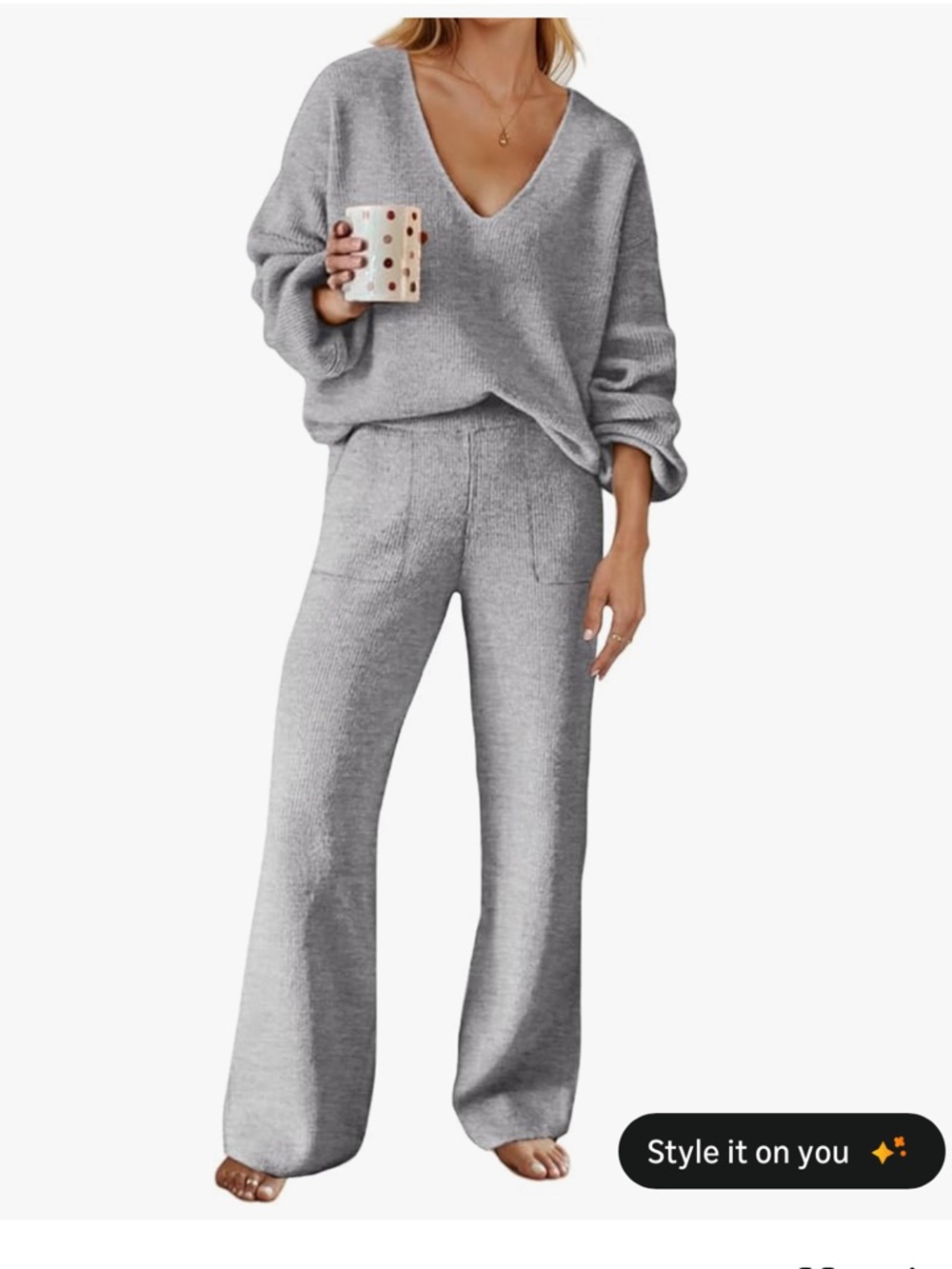 Cozy V-Neck Wide-Leg Knit Pants Set - Gray